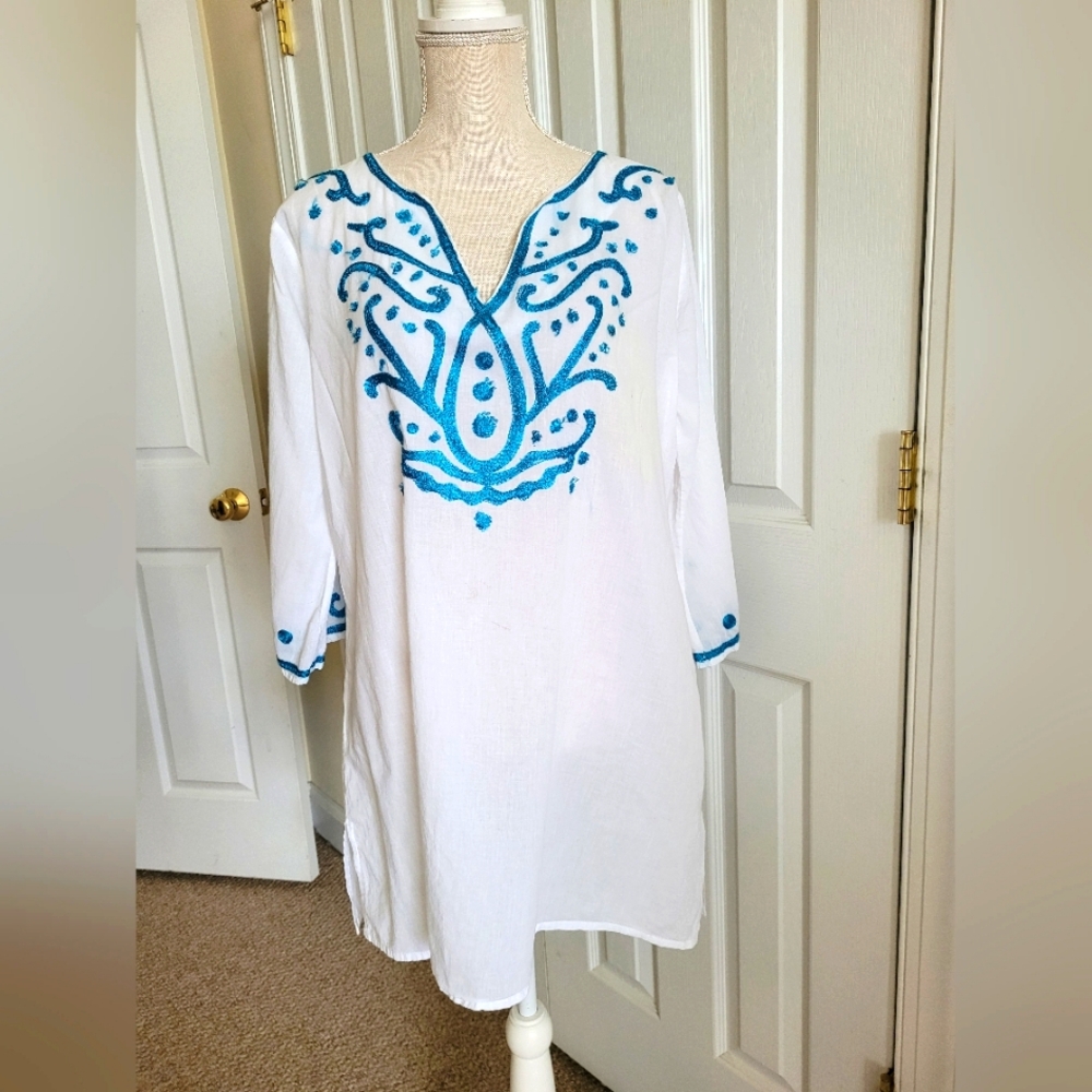 Dalin White Swim Cover Up Tunic with Blue Embroidery - Picture 1 of 4